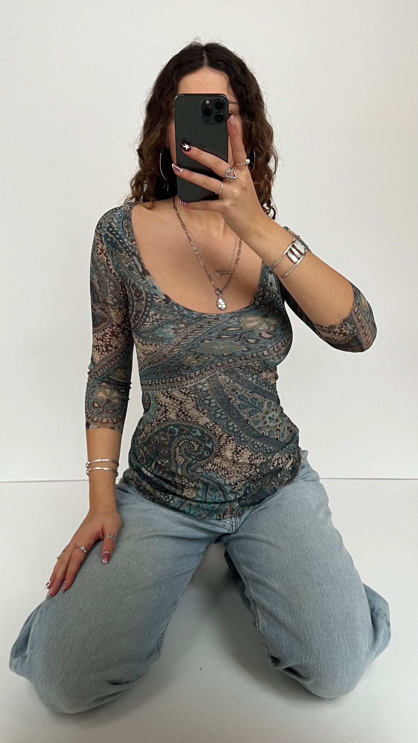 00s blue paisley mesh long sleeve top- size S
