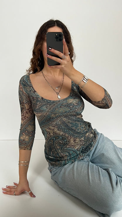 00s blue paisley mesh long sleeve top- size S