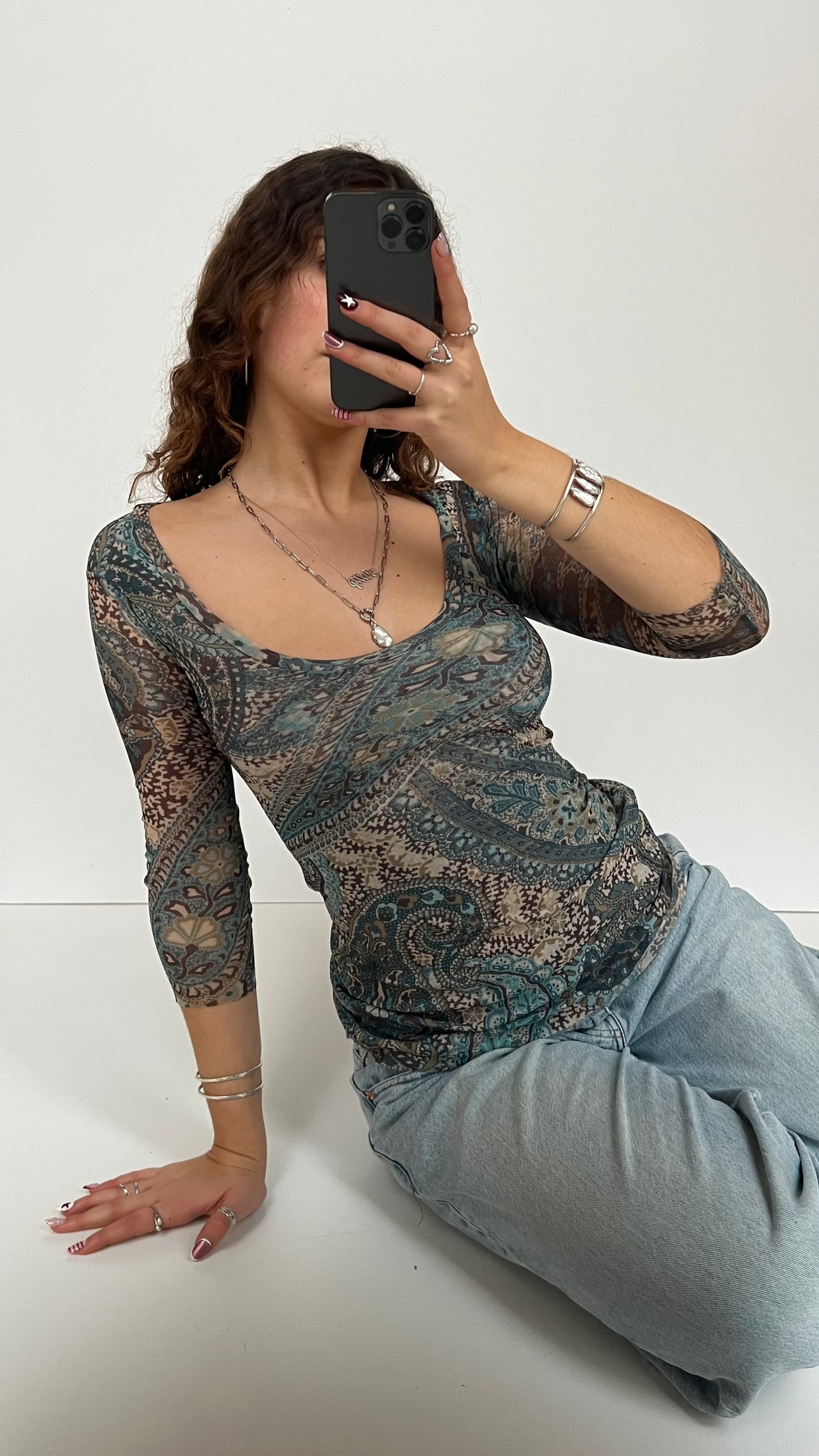 00s blue paisley mesh long sleeve top- size S