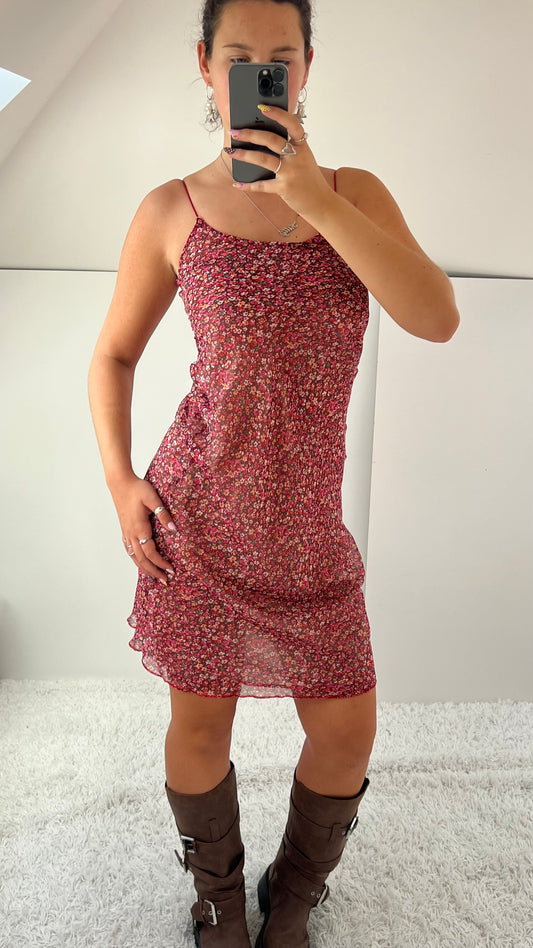 00d red floral mesh midi dress- size XS