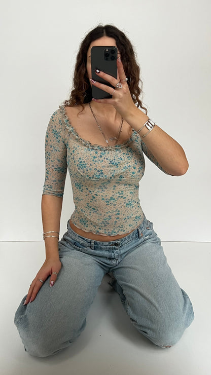 00s blue mesh floral top- size XS