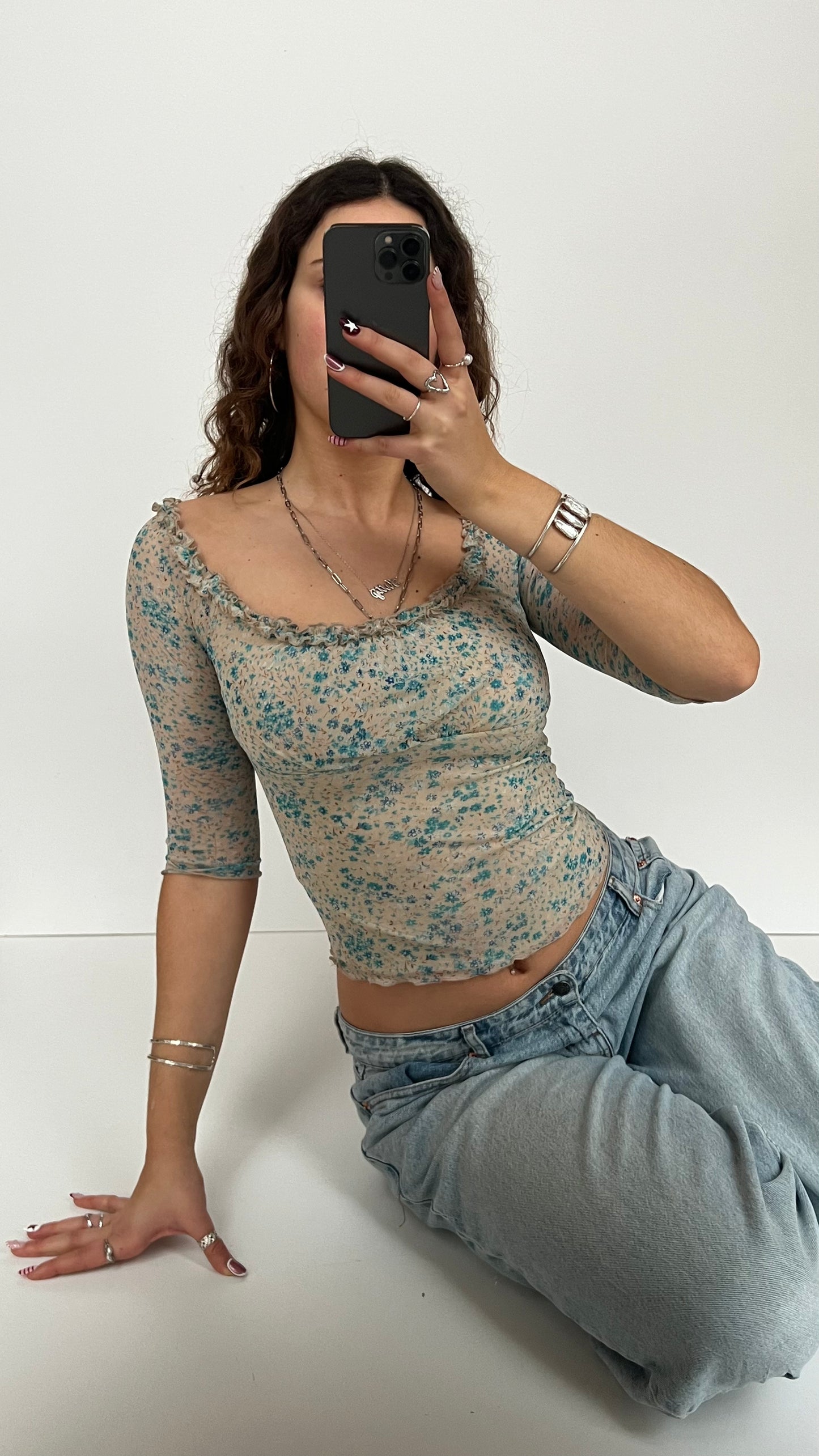 00s blue mesh floral top- size XS