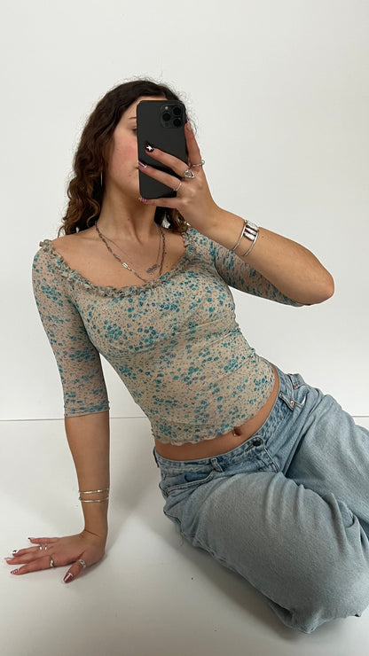 00s blue mesh floral top- size XS