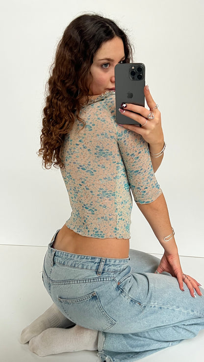 00s blue mesh floral top- size XS