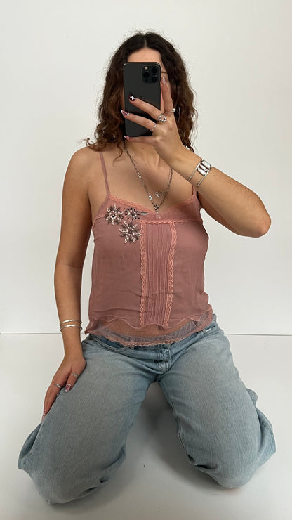00s pink silk beaded cami- size L