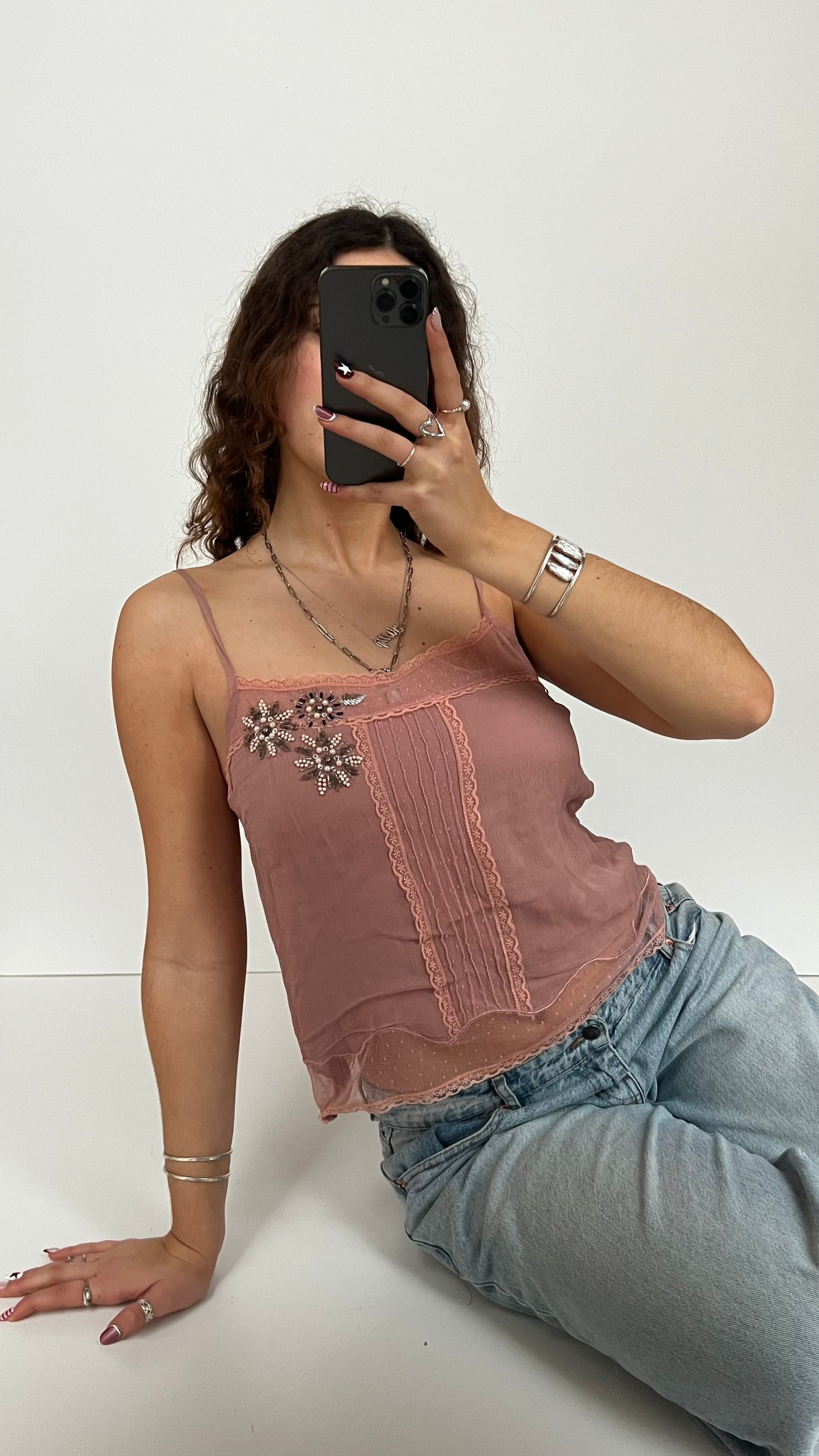 00s pink silk beaded cami- size L