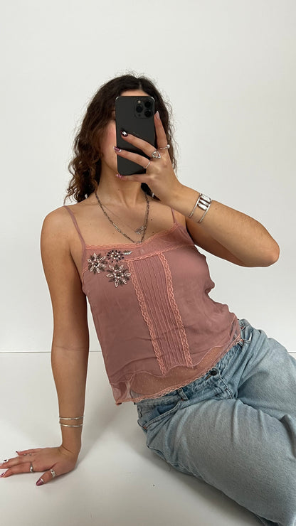 00s pink silk beaded cami- size L