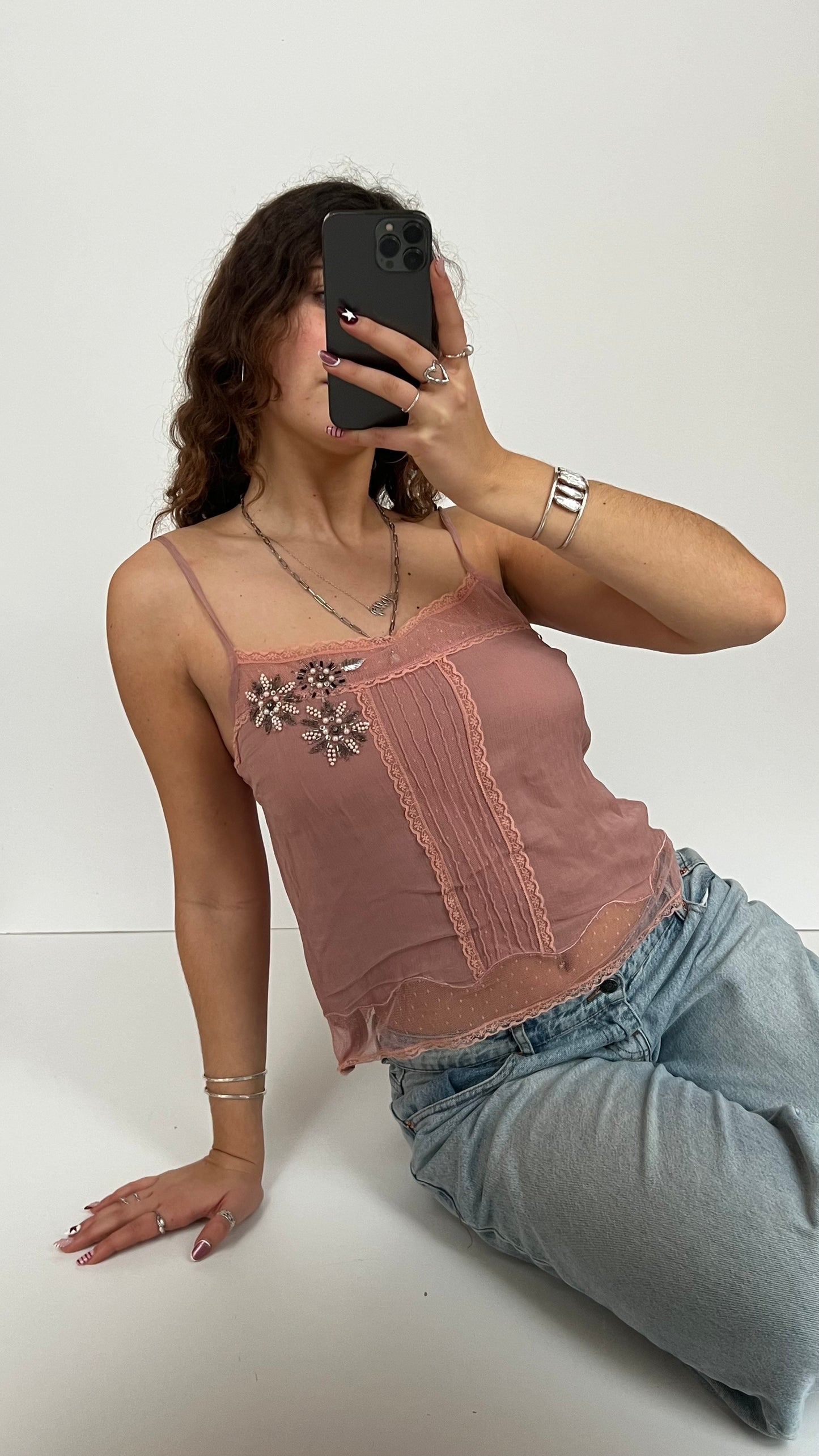 00s pink silk beaded cami- size L