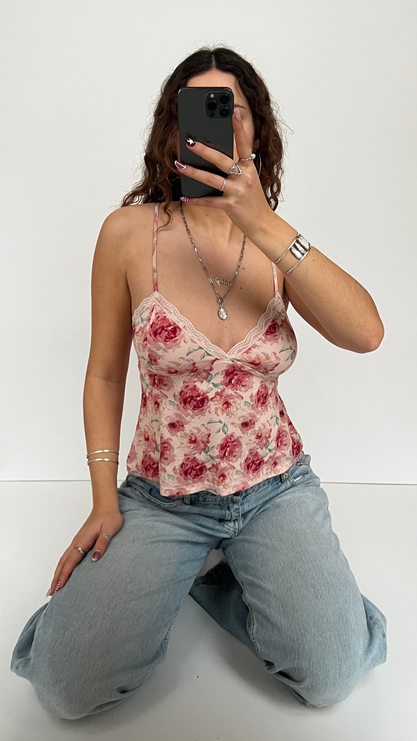 00s pink floral lace cami- size S