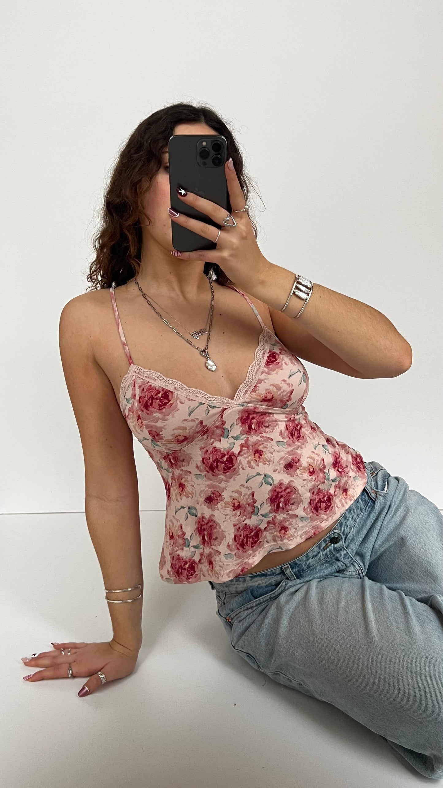 00s pink floral lace cami- size S