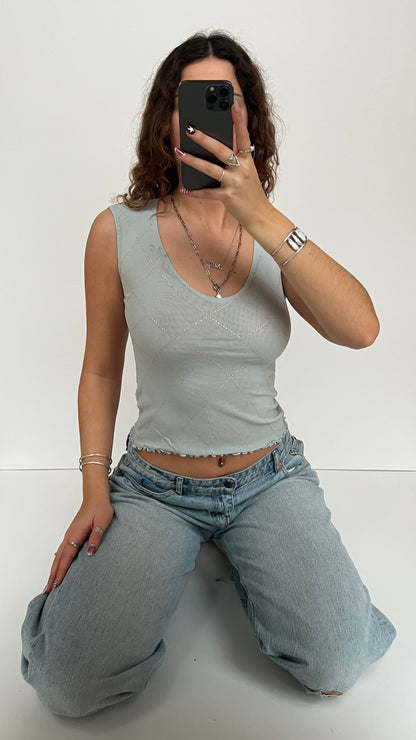 00s blue mesh glitter top- size XS