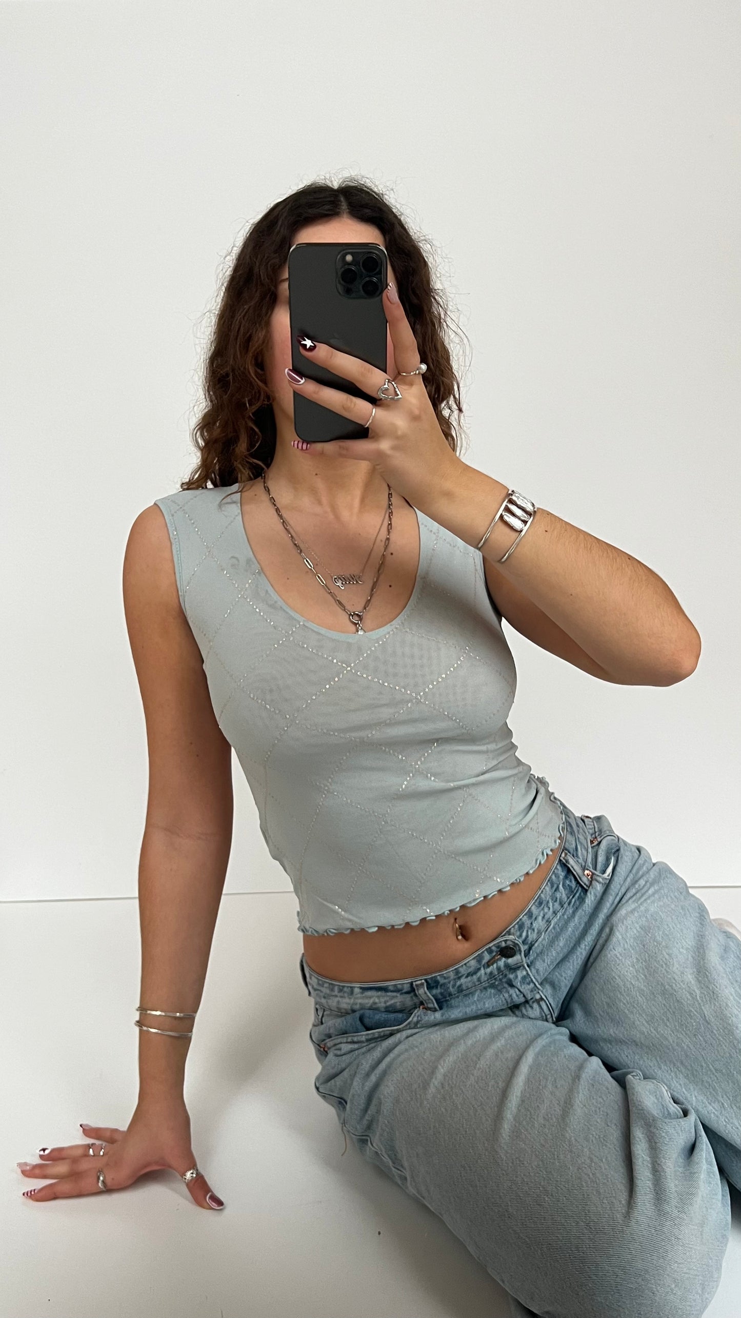 00s blue mesh glitter top- size XS