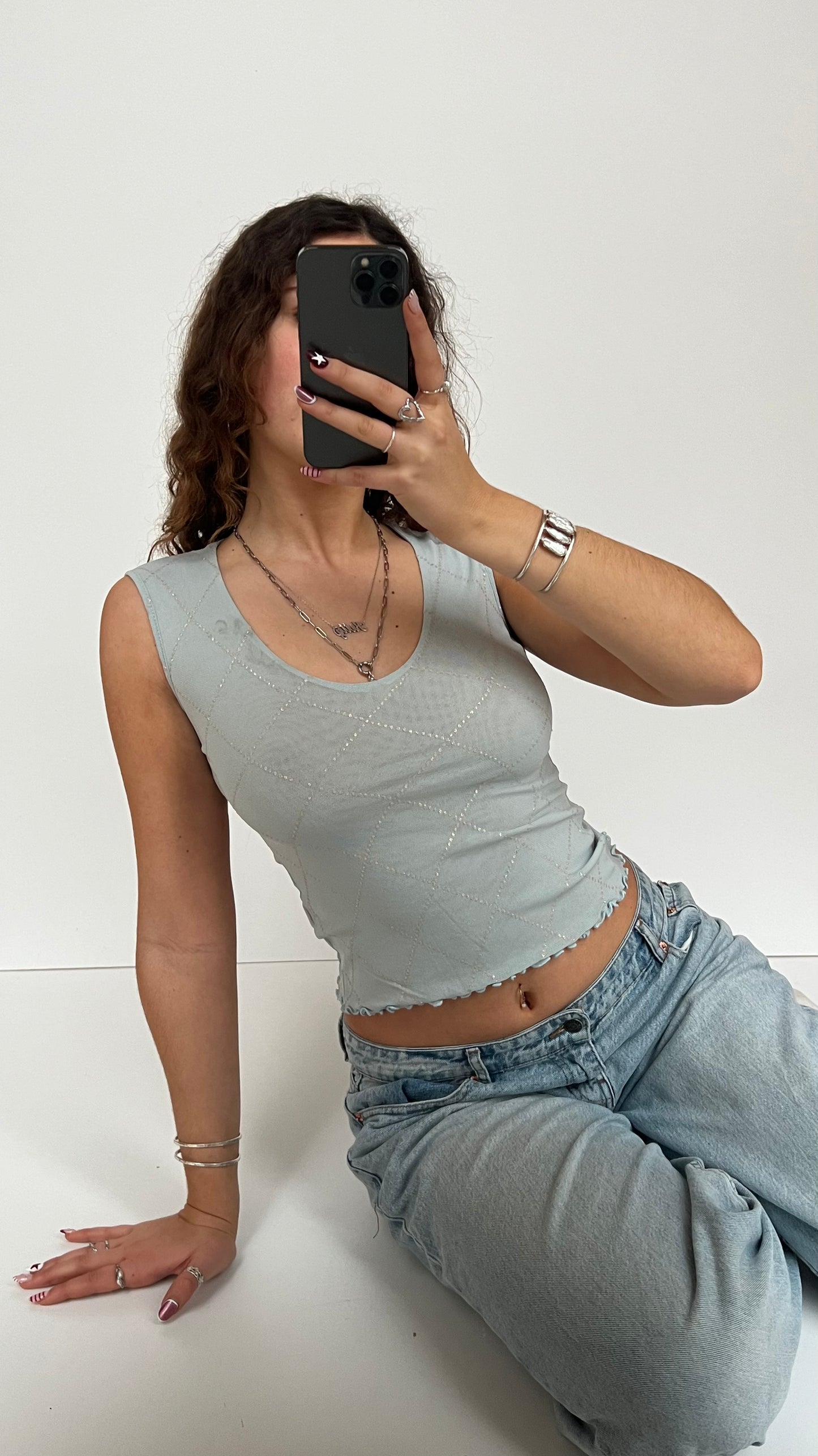 00s blue mesh glitter top- size XS