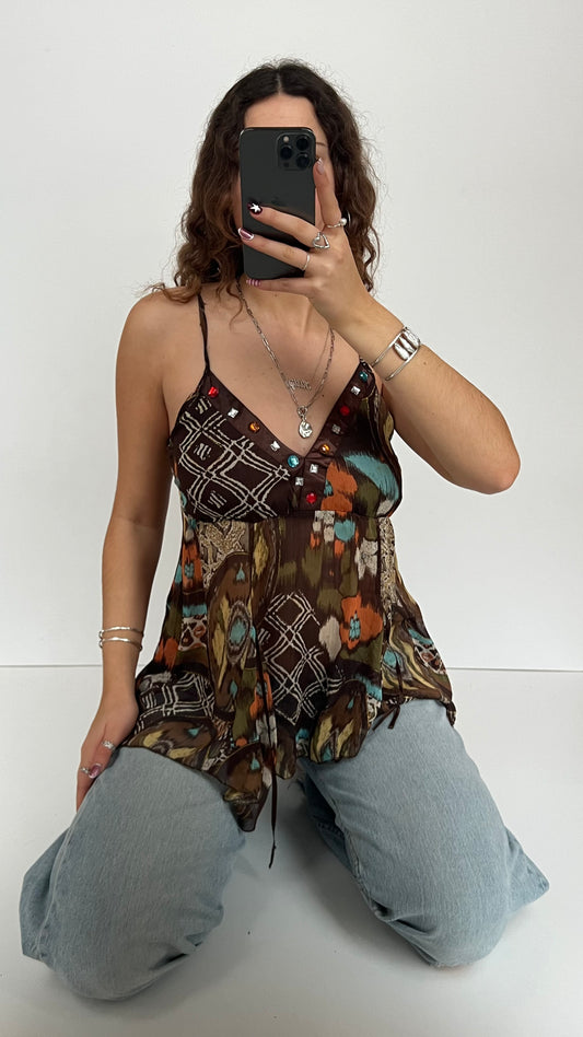 00s brown boho babydoll cami- size L