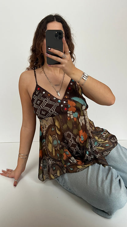 00s brown boho babydoll cami- size L