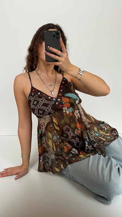 00s brown boho babydoll cami- size L