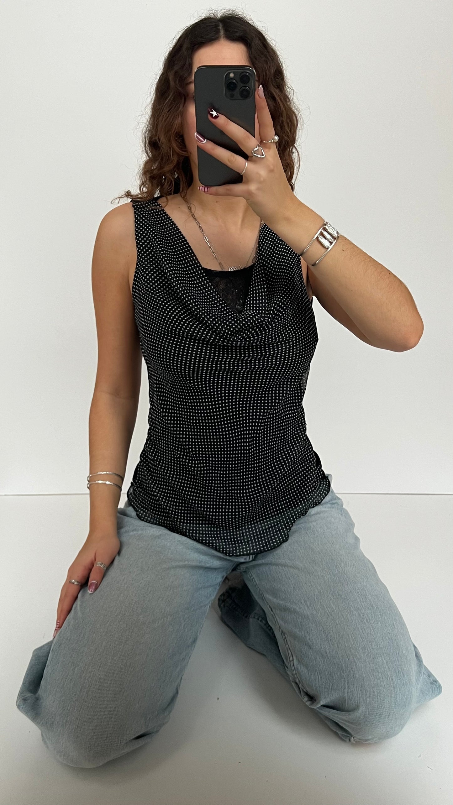 00s black polka dot top- size M