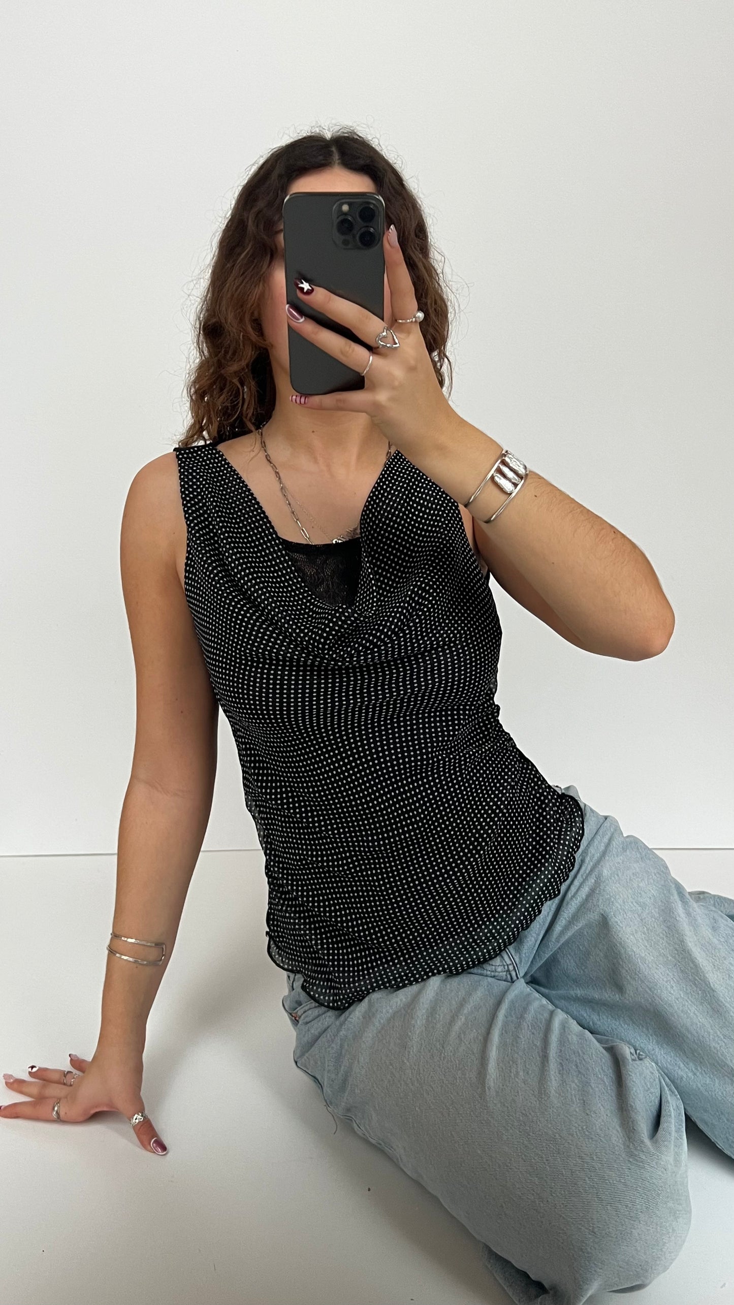 00s black polka dot top- size M