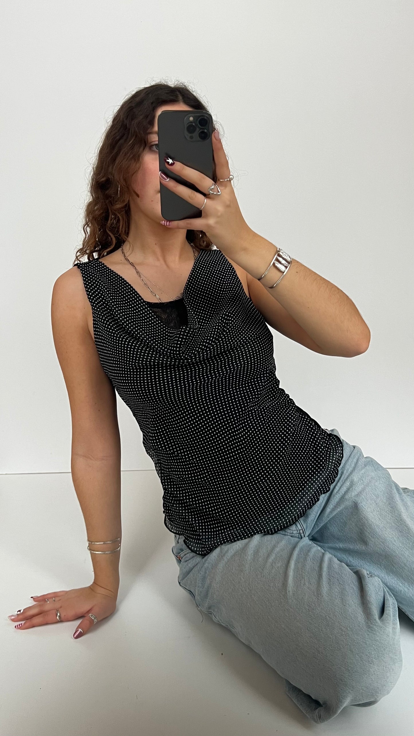 00s black polka dot top- size M
