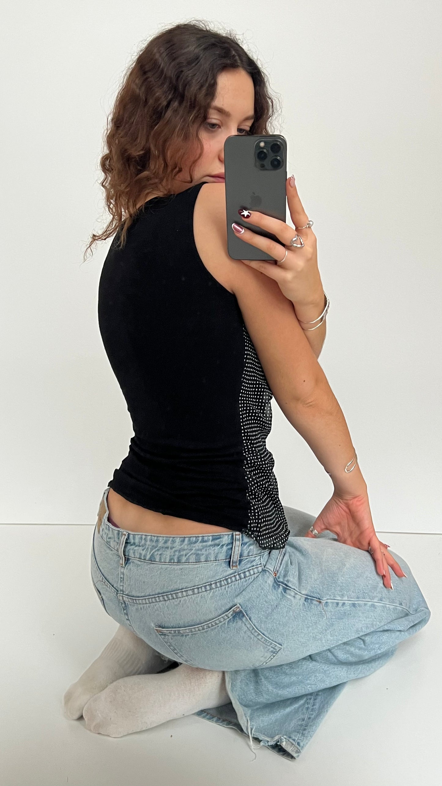 00s black polka dot top- size M