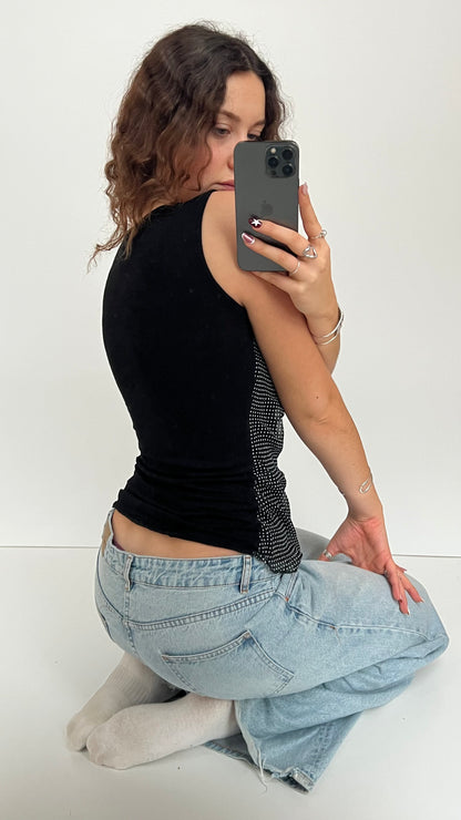 00s black polka dot top- size M