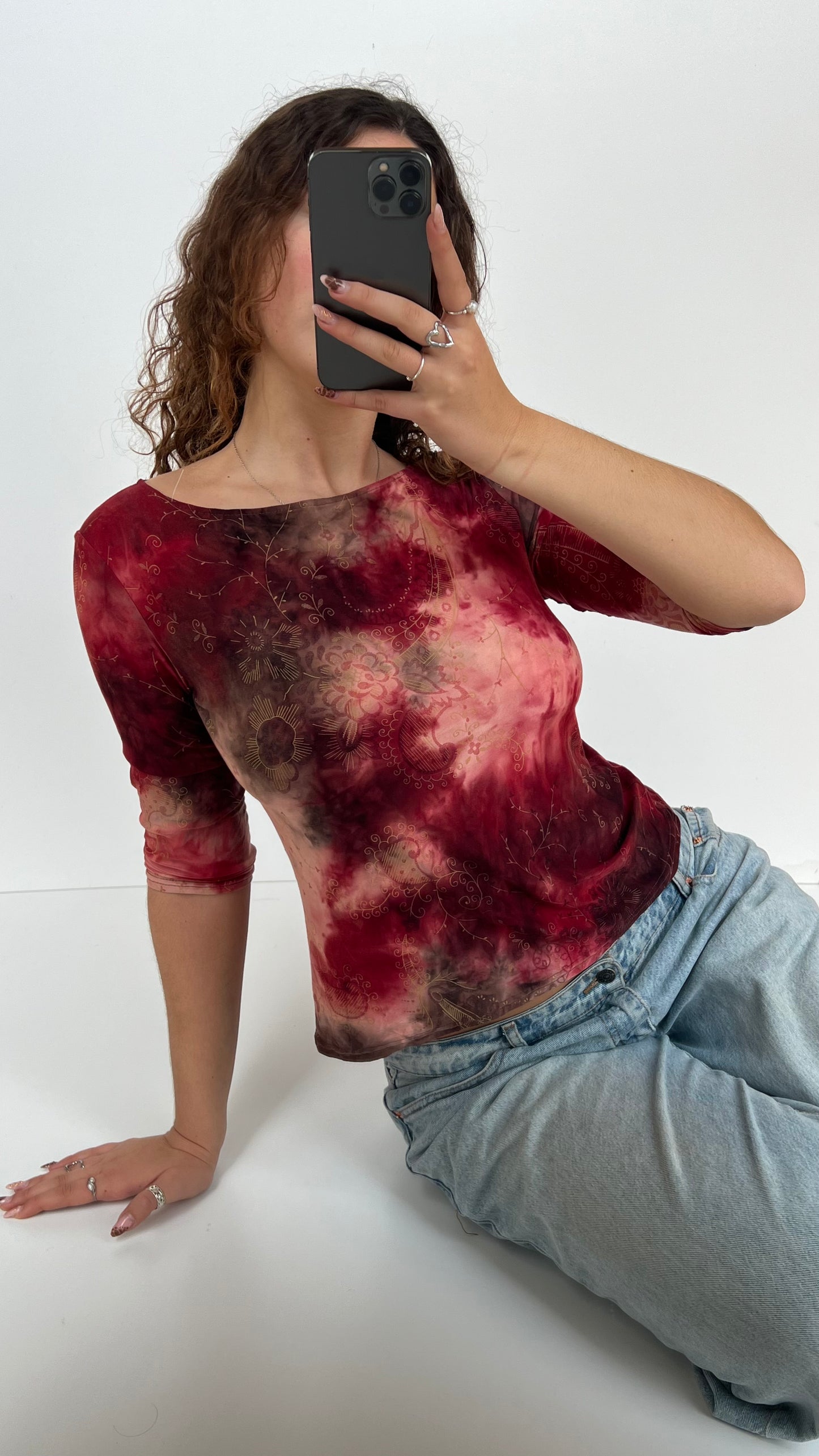 00s red paisley long sleeve top- size L