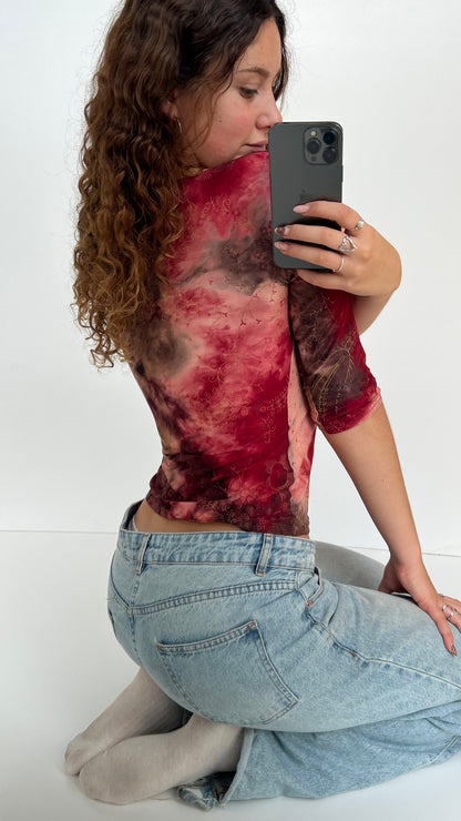 00s red paisley long sleeve top- size L