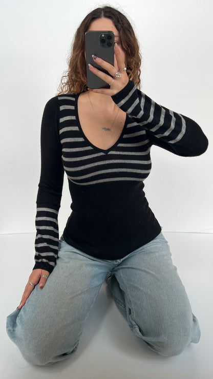 00s black grey stripe jumper- size XS