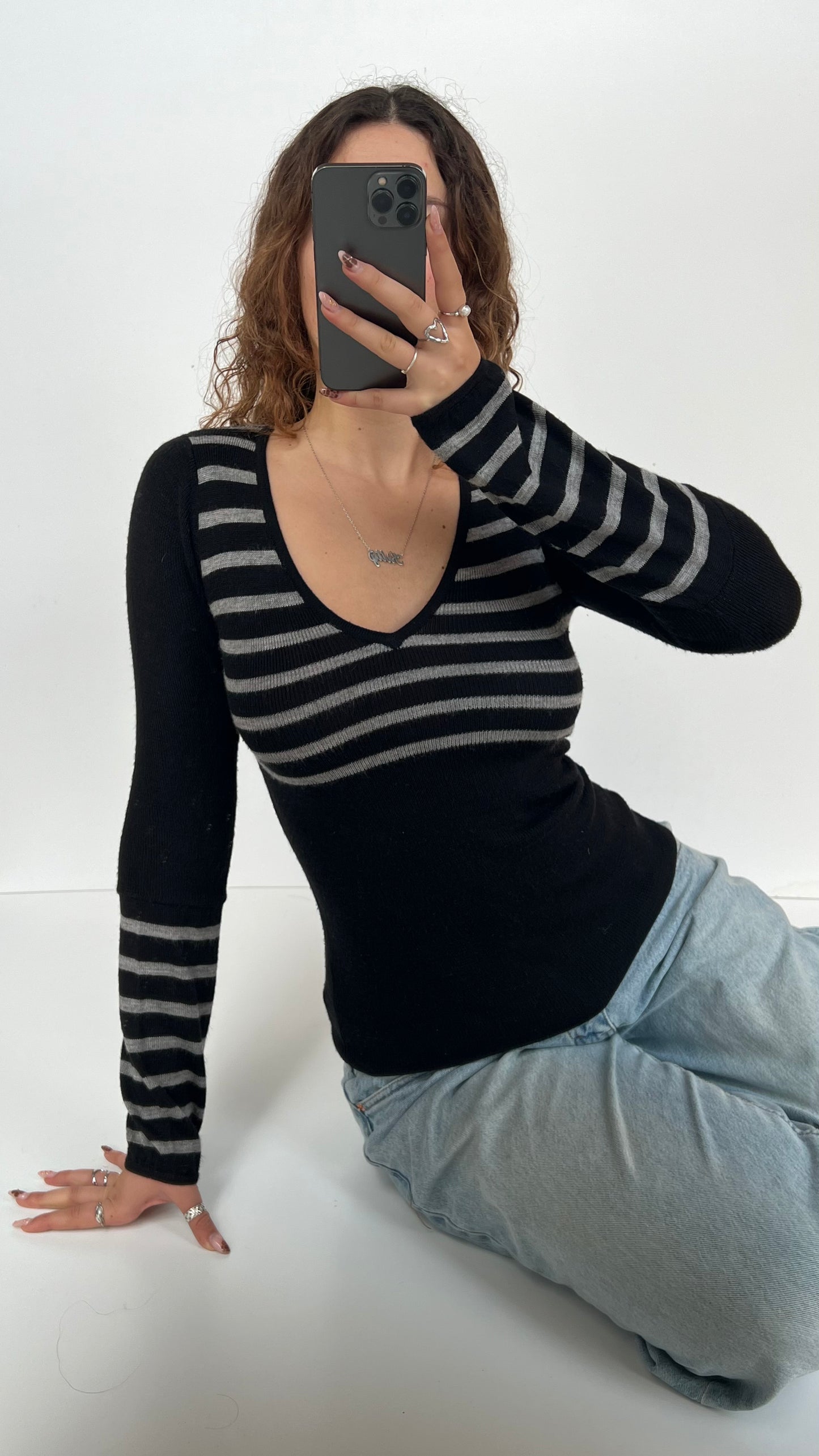 00s black grey stripe jumper- size XS