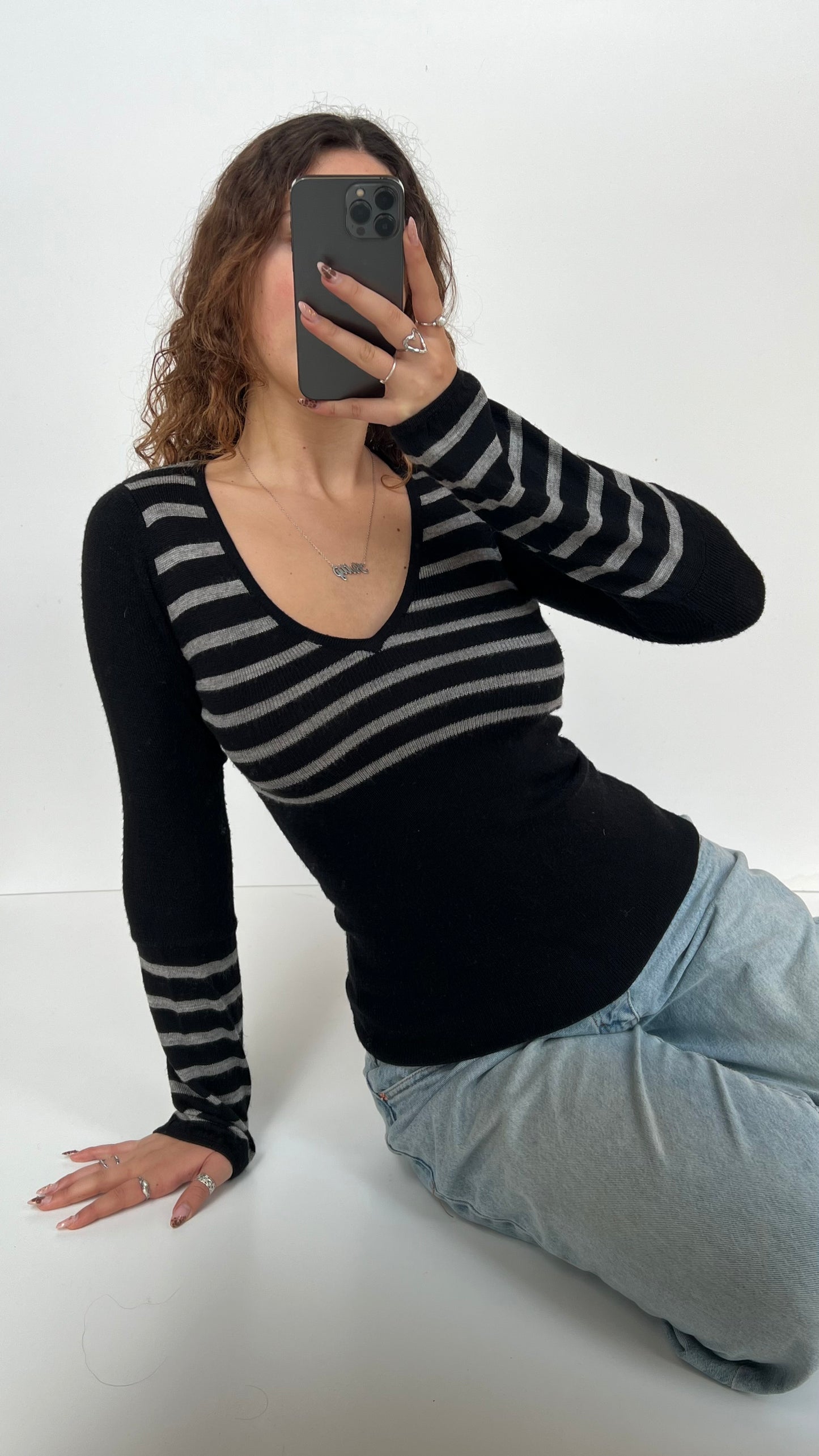 00s black grey stripe jumper- size XS