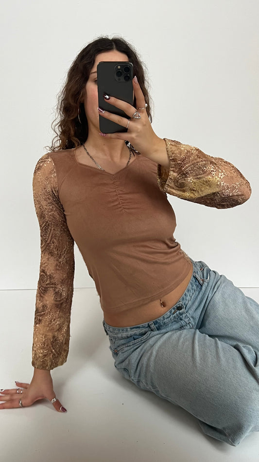 00s brown suede long sleeve top- size S