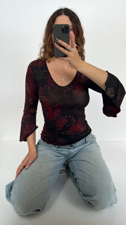 00s red paisley long sleeve top- size S