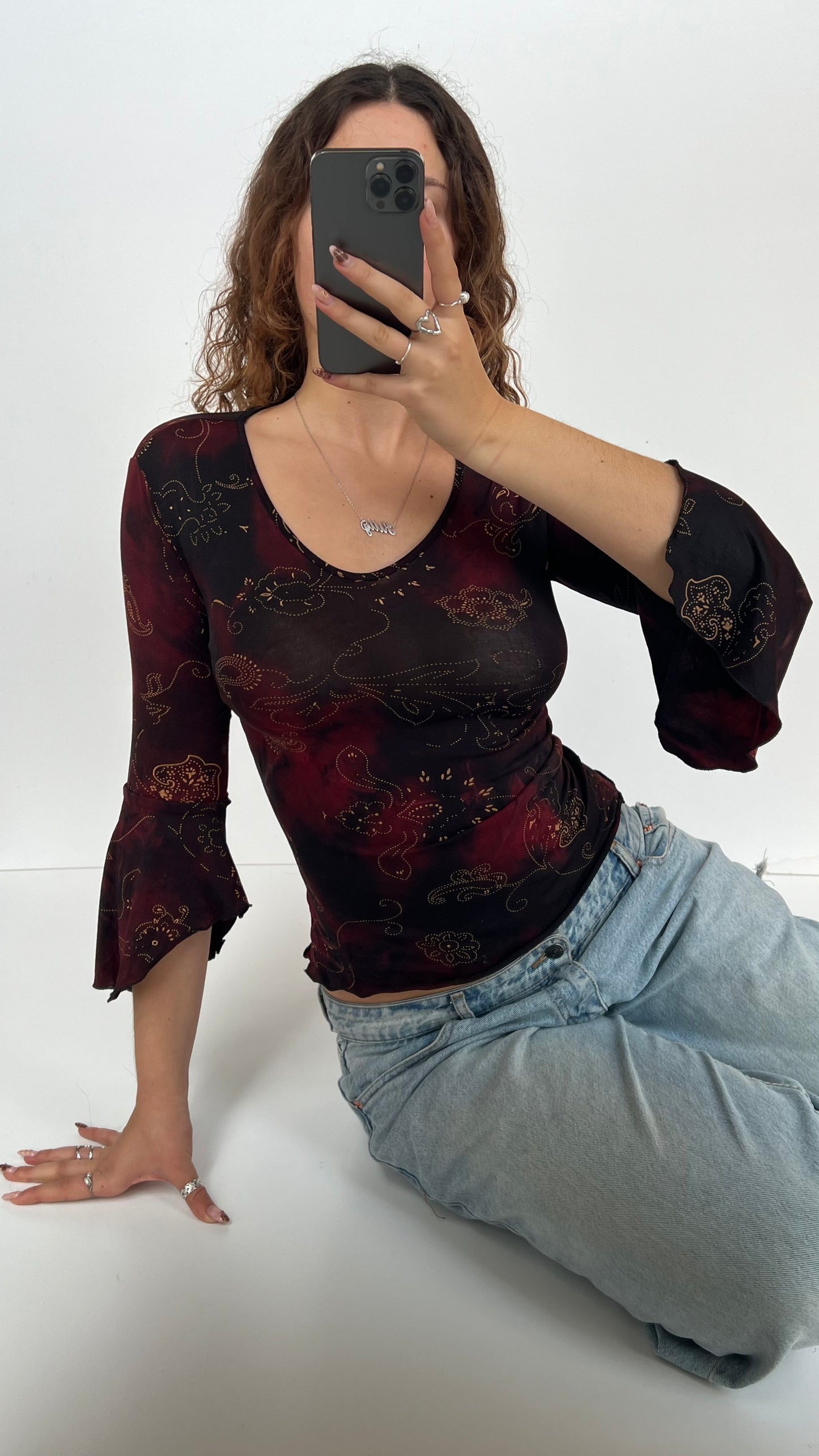 00s red paisley long sleeve top- size S