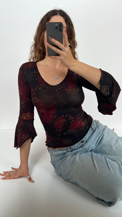 00s red paisley long sleeve top- size S