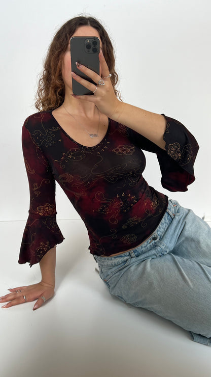 00s red paisley long sleeve top- size S