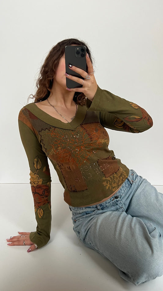 00s green orange long sleeve top- size S