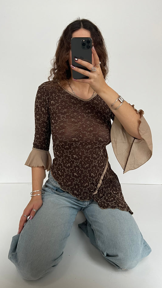 00s brown asymmetric long sleeve top- size M