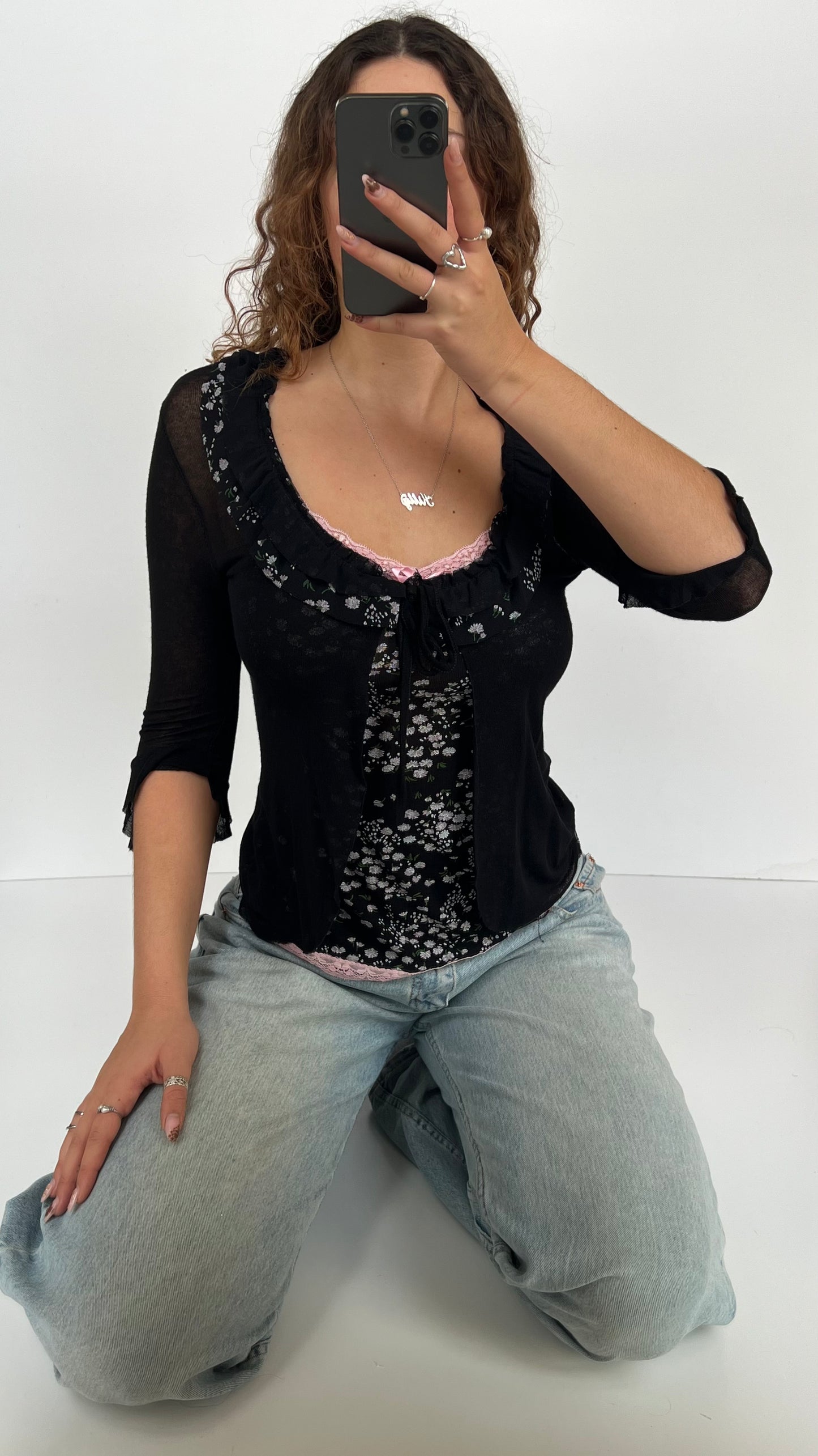 00s black mesh floral long sleeve top- size S/M