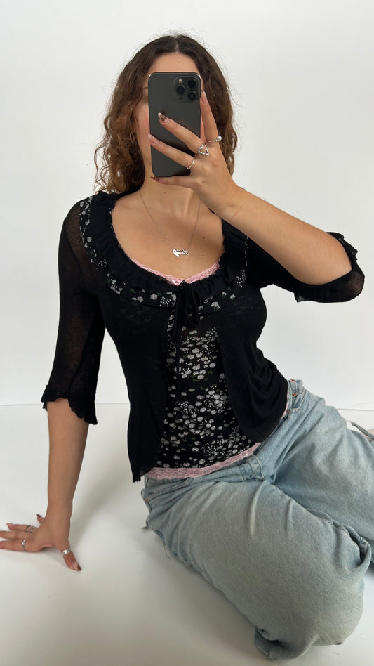 00s black mesh floral long sleeve top- size S/M