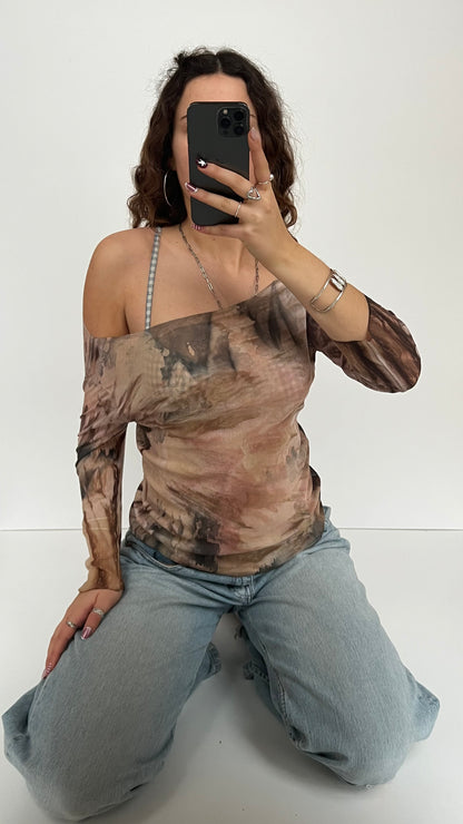 00s brown mesh long sleeve top- size L