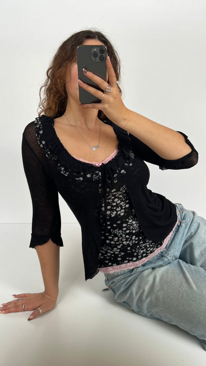00s black mesh floral long sleeve top- size S/M