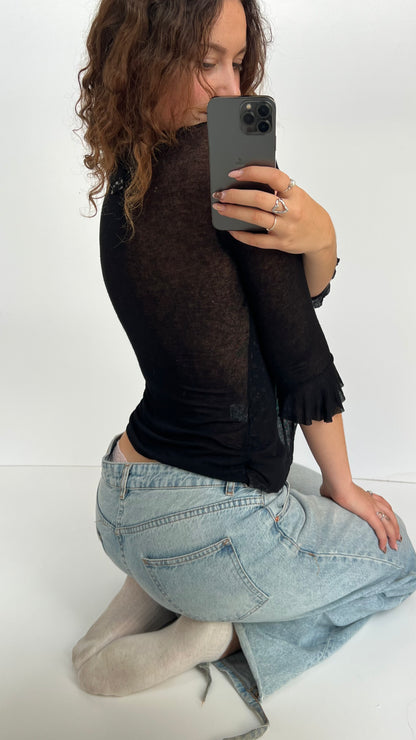 00s black mesh floral long sleeve top- size S/M