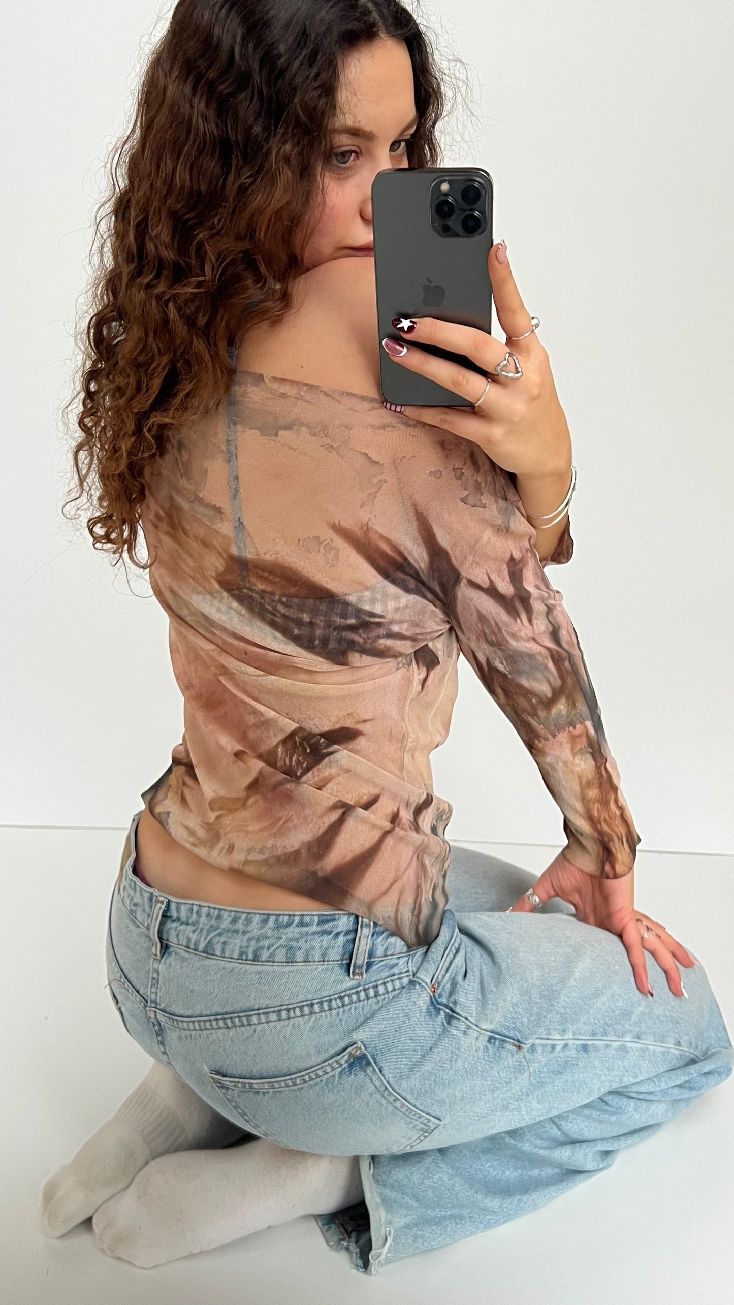 00s brown mesh long sleeve top- size L