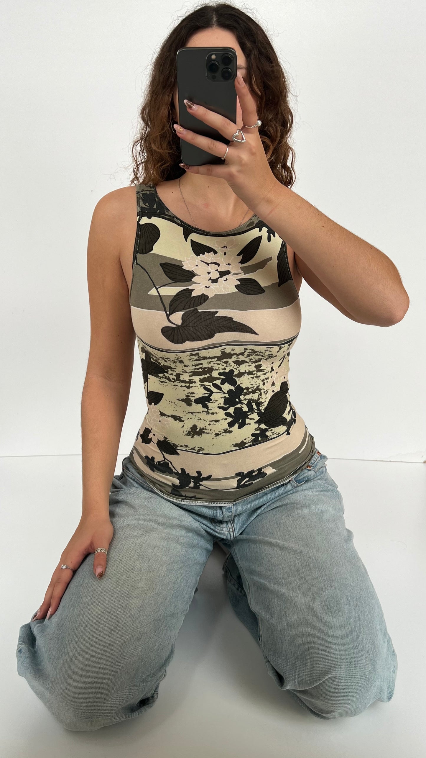 00s khaki patterned tank top- size S