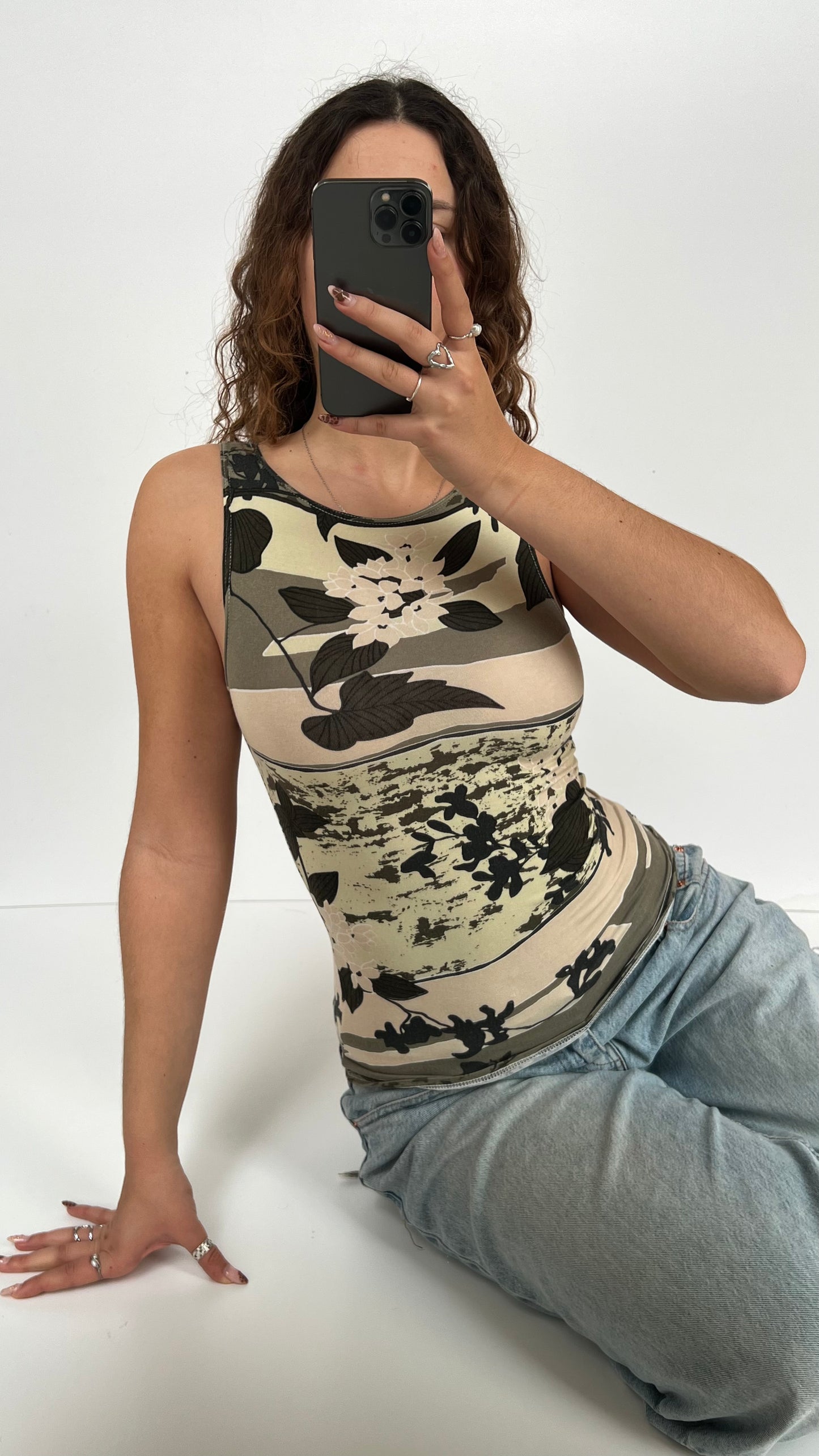 00s khaki patterned tank top- size S