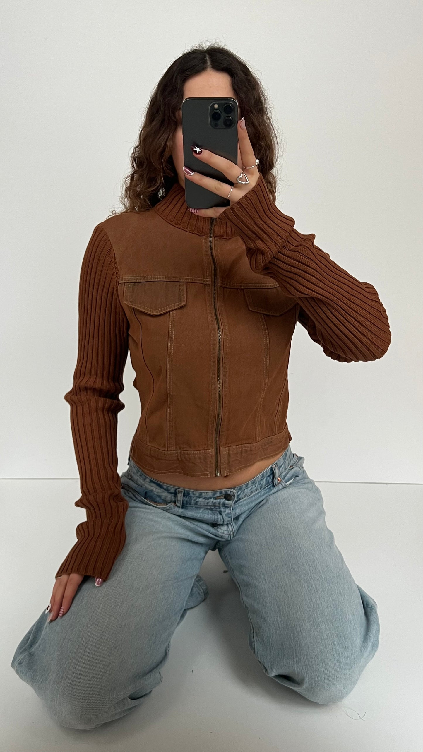 00s brown denim knit jacket- size L