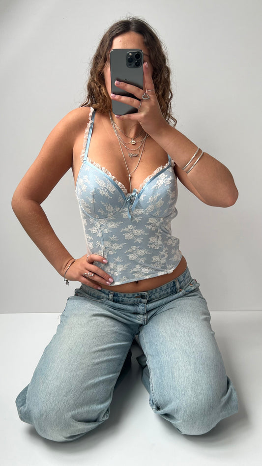 00s blue white lace corset- size M