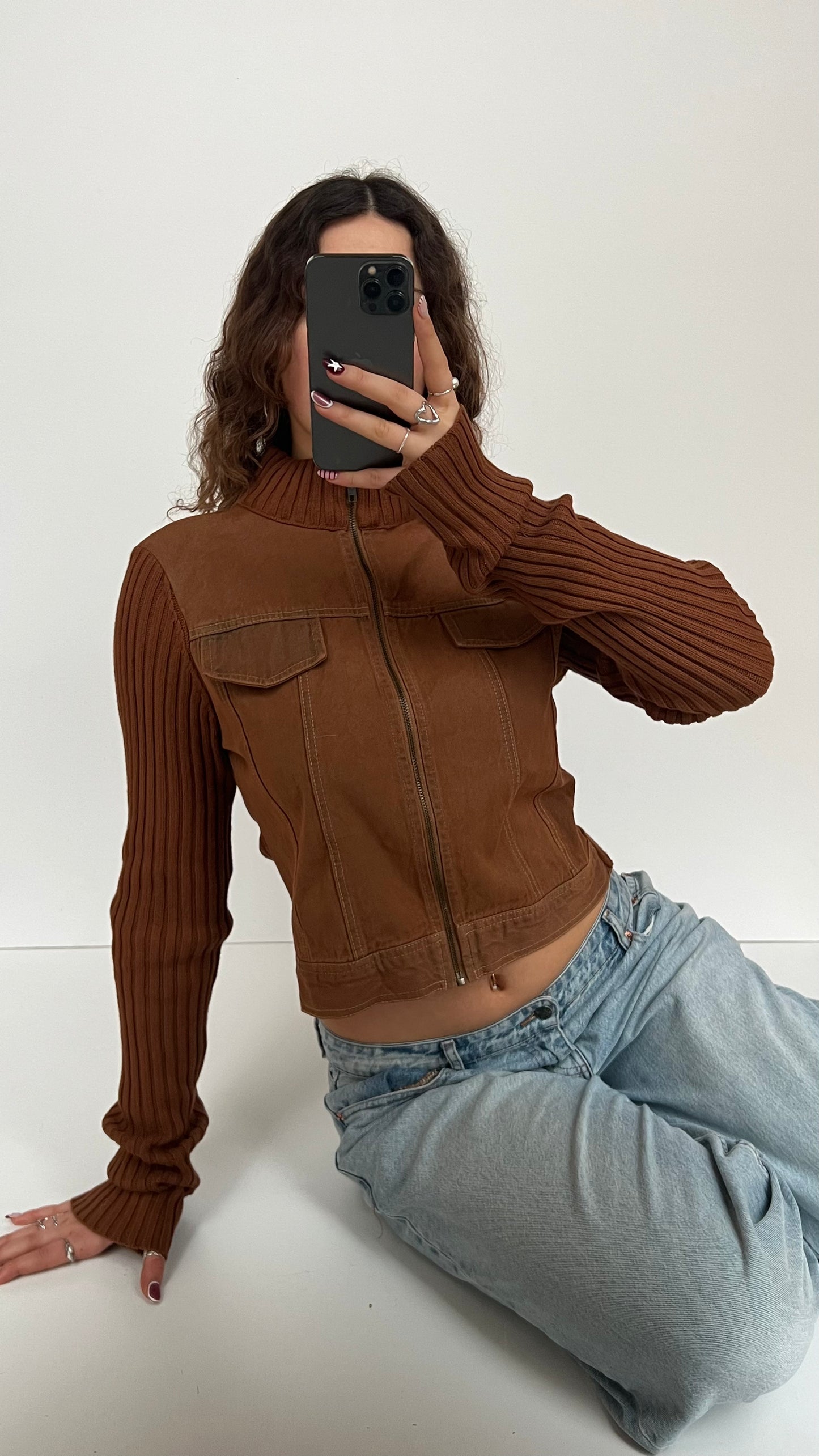 00s brown denim knit jacket- size L