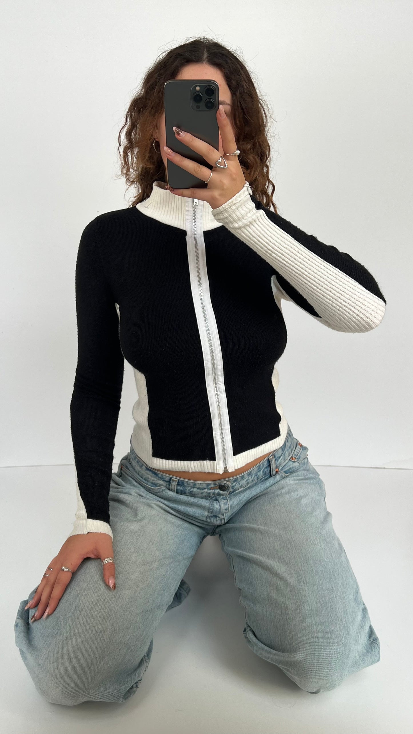00s black white zip up- size S