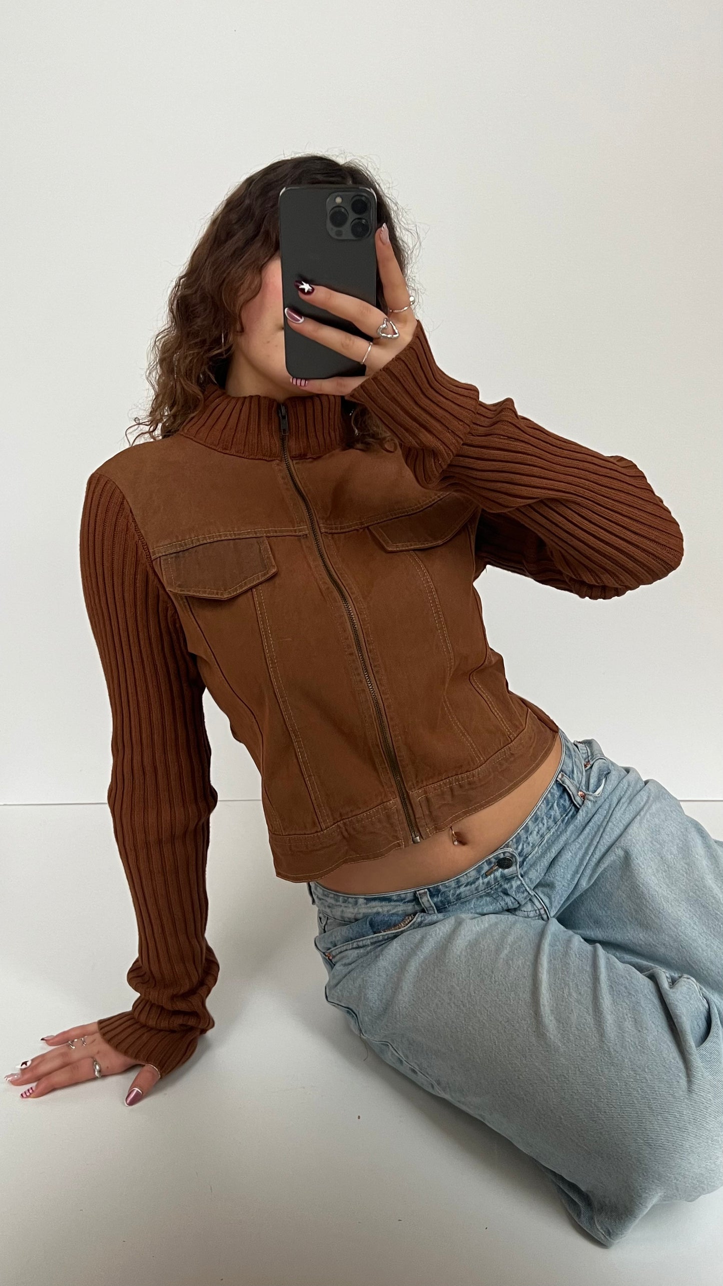 00s brown denim knit jacket- size L